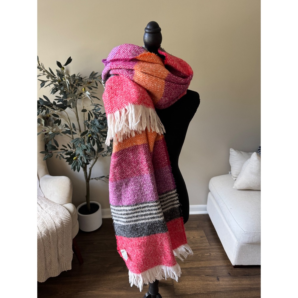 A New Day Womens Oversized Multi Color Striped Fringe Blanket Scarf Pink Orange